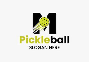 Letter M Pickleball Logo Concept With Moving Pickleball Symbol. Pickle Ball Logotype Vector Template