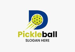 letra d concepto de logotipo de pickleball con símbolo de pickleball en movimiento. plantilla de vector de logotipo de bola de pepinillo