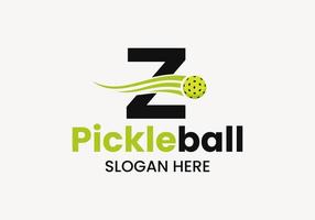 Letter Z Pickleball Logo Concept With Moving Pickleball Symbol. Pickle Ball Logotype Vector Template