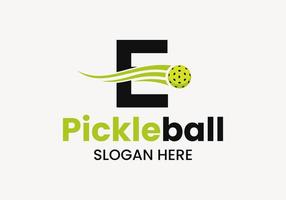 Letter E Pickleball Logo Concept With Moving Pickleball Symbol. Pickle Ball Logotype Vector Template