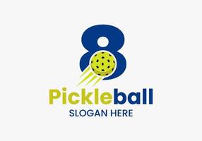 Letter 8 Pickleball Logo Concept With Moving Pickleball Symbol. Pickle Ball Logotype Vector Template