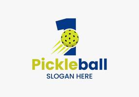 Letter 1 Pickleball Logo Concept With Moving Pickleball Symbol. Pickle Ball Logotype Vector Template