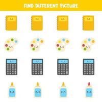 Find different school supply in each row. Logical game for preschool kids. vector