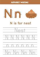 aprendiendo a escribir letras para niños en edad preescolar. n es para nido. vector