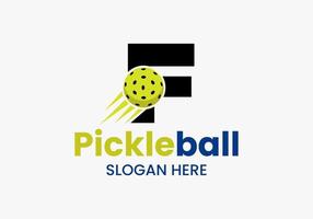 Letter F Pickleball Logo Concept With Moving Pickleball Symbol. Pickle Ball Logotype Vector Template