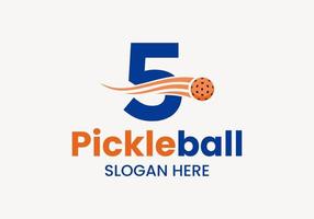 Letter 5 Pickleball Logo Concept With Moving Pickleball Symbol. Pickle Ball Logotype Vector Template