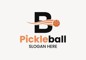 Letter B Pickleball Logo Concept With Moving Pickleball Symbol. Pickle Ball Logotype Vector Template