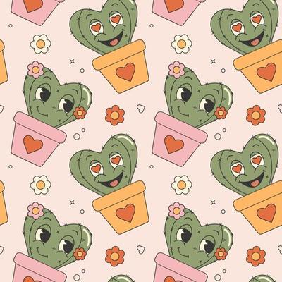Seamless pattern in trendy retro groovy style. With valentines day elements. Cute cactus and flowers