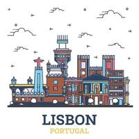 delinear el horizonte de la ciudad de lisboa portugal con edificios históricos de colores aislados en blanco. vector