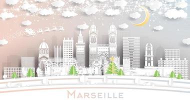 horizonte de la ciudad de marsella francia en estilo de corte de papel con copos de nieve, luna y guirnalda de neón. vector