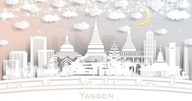 horizonte de la ciudad de yangon myanmar en estilo de corte de papel con edificios blancos, luna y guirnalda de neón. vector