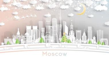 el horizonte de la ciudad de moscú, rusia, en estilo de corte de papel con copos de nieve, luna y guirnaldas de neón. vector
