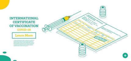 International Certificate of Vaccination - Coronavirus Covid-19. Isometric Outline Concept with Syringe and Vial of Vaccine. vector