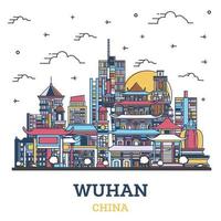 delinear el horizonte de la ciudad de wuhan china con edificios históricos de colores aislados en blanco. vector