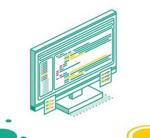 Isometric PC Computer Monoblock with Program's Code and Two Stickers. vector