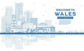 Outline Welcome to Wales City Skyline with Blue Buildings. vector