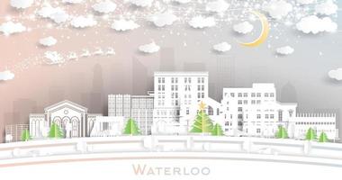 Waterloo Iowa City Skyline in Paper Cut Style with Snowflakes, Moon and Neon Garland. vector