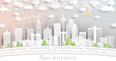 horizonte de la ciudad de san antonio texas en estilo de corte de papel con copos de nieve, luna y guirnalda de neón. vector