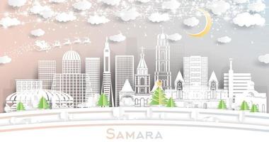 Samara Russia City Skyline in Paper Cut Style with Snowflakes, Moon and Neon Garland. vector