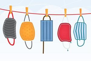 Washed Protective Face Masks Hanging on a Line. Drying Laundered Reusable Masks. vector