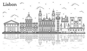 Outline Lisbon Portugal City Skyline with Historic Buildings and Reflections Isolated on White. vector