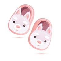 Pair of Pink Soft Home Slippers with Rabbits Isolated on White. vector