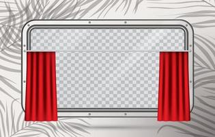 Train Window with Red Curtain and Copy Space on Palm Leaves Background. vector