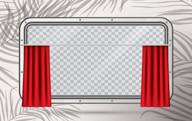 Train Window with Red Curtain and Copy Space on Palm Leaves Background.