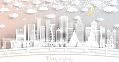 Taichung Taiwan City Skyline in Paper Cut Style with White Buildings, Moon and Neon Garland. vector