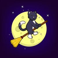 Cute witch cat riding magic broom vector