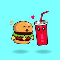 linda hamburguesa de dibujos animados y refresco. concepto de icono de comida rápida estilo de dibujos animados plano aislado