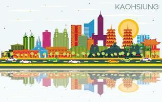 horizonte de la ciudad de kaohsiung taiwán con edificios de color, cielo azul y reflejos. vector