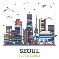 delinear el horizonte de la ciudad de seúl corea del sur con edificios modernos de colores aislados en blanco.