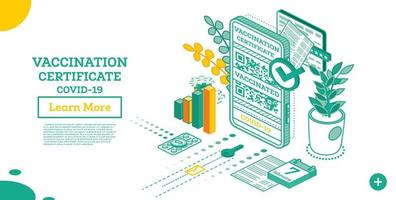 certificado de vacunación en la pantalla del teléfono inteligente. certificado internacional isométrico de inmunización. vector