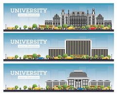 conjunto de campus universitario. estudiar pancartas. ilustración vectorial los estudiantes van al edificio principal de la universidad. vector