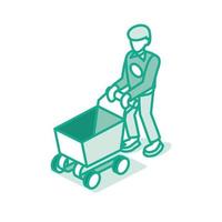 hombre empujando carrito de supermercado. carrito de compras vacío. esbozar el concepto isométrico. vector