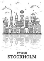 Outline Stockholm Sweden City Skyline with Historic Buildings and Reflections Isolated on White. vector