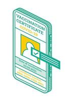 Vaccination Certificate on Screen of Smartphone. Isometric International Certificate of Immunization. vector