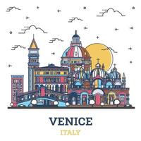 Outline Venice Italy City Skyline with Colored Historic Buildings Isolated on White. vector