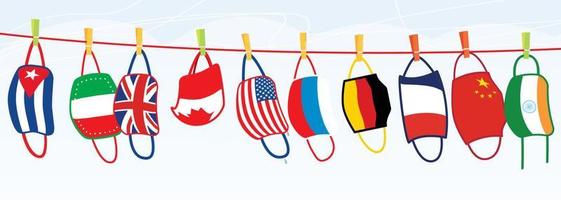 Washed Protective Face Masks Hanging on a Line. Drying Laundered Reusable Masks with Flags of Different Countries. vector