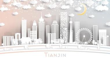 horizonte de la ciudad china de tianjin en estilo de corte de papel con edificios blancos, luna y guirnalda de neón. vector