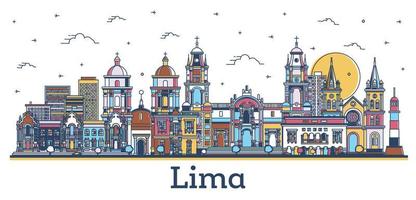 delinear el horizonte de la ciudad de lima perú con edificios de colores modernos e históricos aislados en blanco. vector