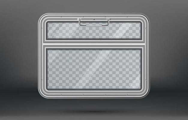 Train Travel. Tourism Concept. Empty Train Window with Handle on Gray Background with Checkered Place for Text.