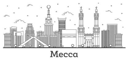 Outline Mecca Saudi Arabia City Skyline with Historic Buildings Isolated on White. vector