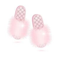 Pair of Fashion Pink Fur Slippers Isolated on White. Luxury Women's Shoes. vector