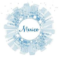 Outline Mexico Country City Skyline with Blue Buildings and Copy Space. vector