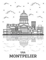 delinear el horizonte de la ciudad de montpelier vermont con edificios modernos y reflejos aislados en blanco. vector