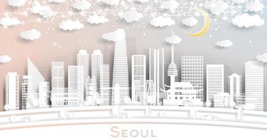 horizonte de la ciudad de seúl corea del sur en estilo de corte de papel con edificios blancos, luna y guirnalda de neón. vector