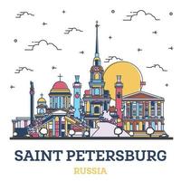 Outline Saint Petersburg Russia City Skyline with Colored Historic Buildings Isolated on White. vector