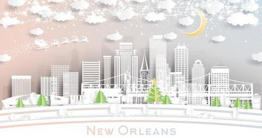 New Orleans Louisiana City Skyline in Paper Cut Style with Snowflakes, Moon and Neon Garland. vector